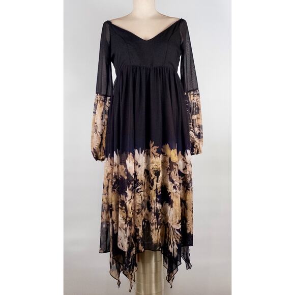 Black Gold Floral Dress Handkerchief Hem SMALL Boho Festival Whimsigoth Peasant - Picture 1 of 9